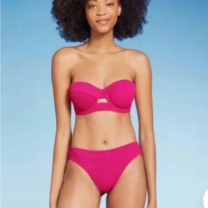 Set-Pink Bandeau-Underwire- Textured-Keyhole-Bikini Top + Large bottom.
